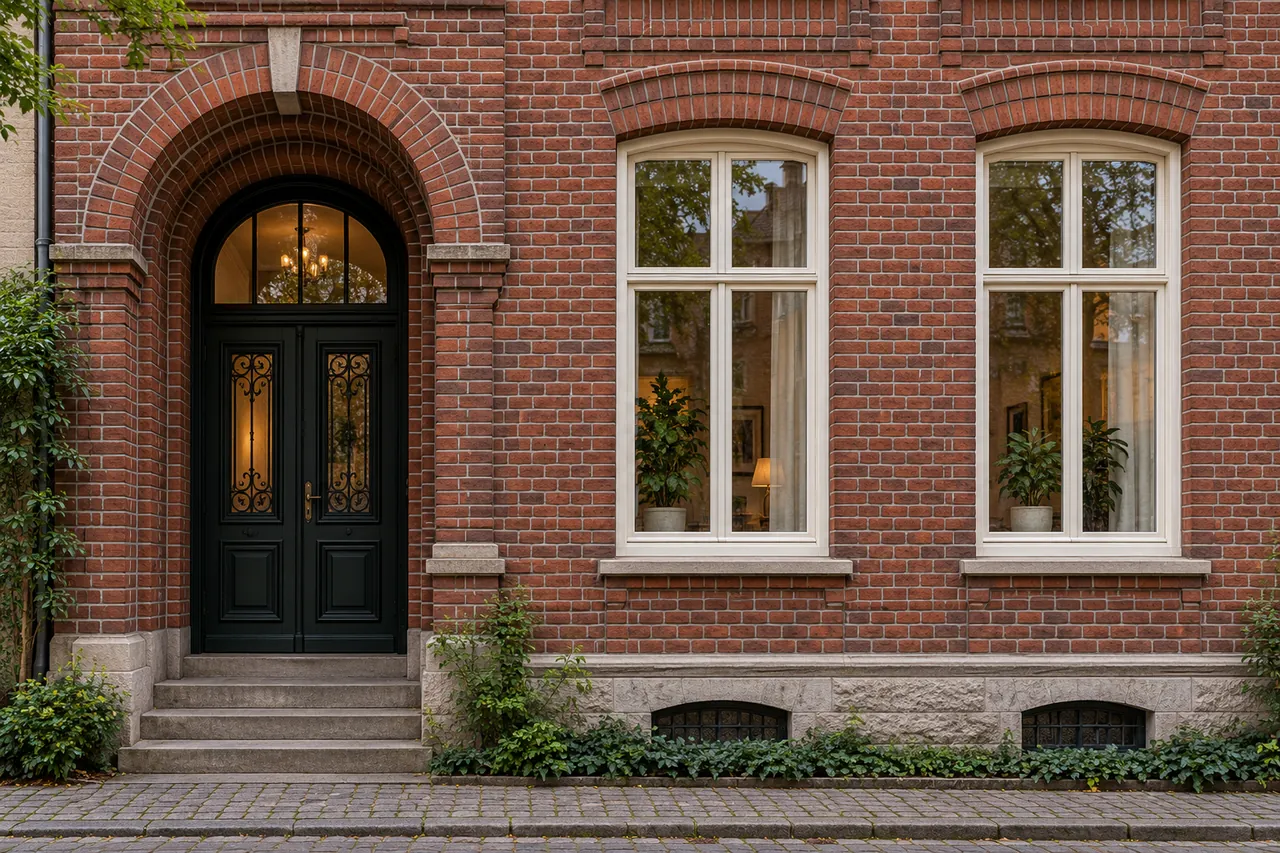 Illustration einer dunklen Klinkerfassade mit hellen Fugen, hohen Fenstern und zurückgesetztem Hauseingang.