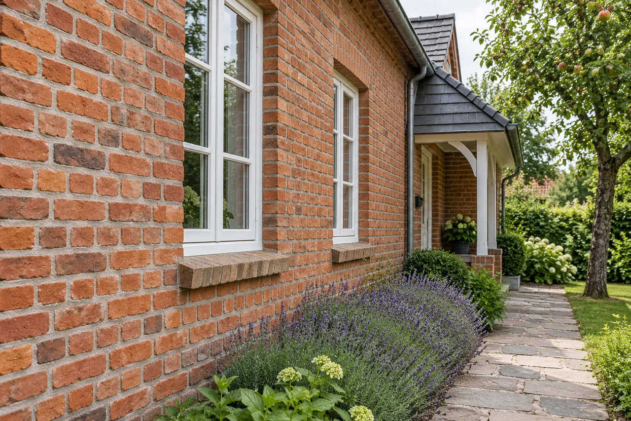 Illustration einer orange-roten Klinkerfassade mit weißen Fenstern und einem bepflanzten Gartenweg.