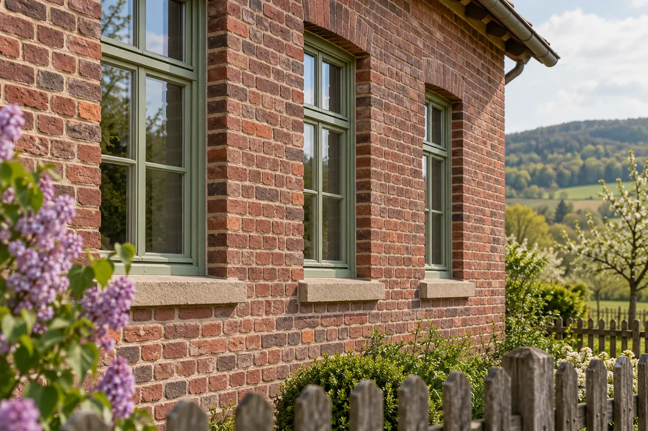 Illustration einer dunkelroten Klinkerfassade mit hellen Fugen und salbeigrünen Holzfenstern am Garten.