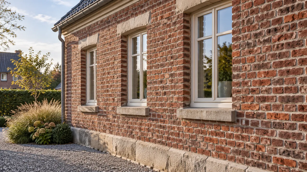 Ziegelfassade mit grau-beigen Fugen, hellem Natursteinsockel und weißen Fensterrahmen.