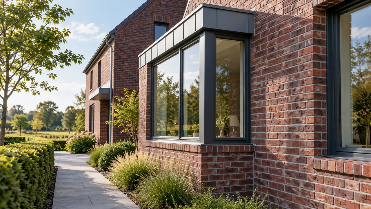 Dunkelrote Klinkerfassade mit breiten hellen Fugen, anthrazitfarbenen Fensterrahmen und grünem Garten.