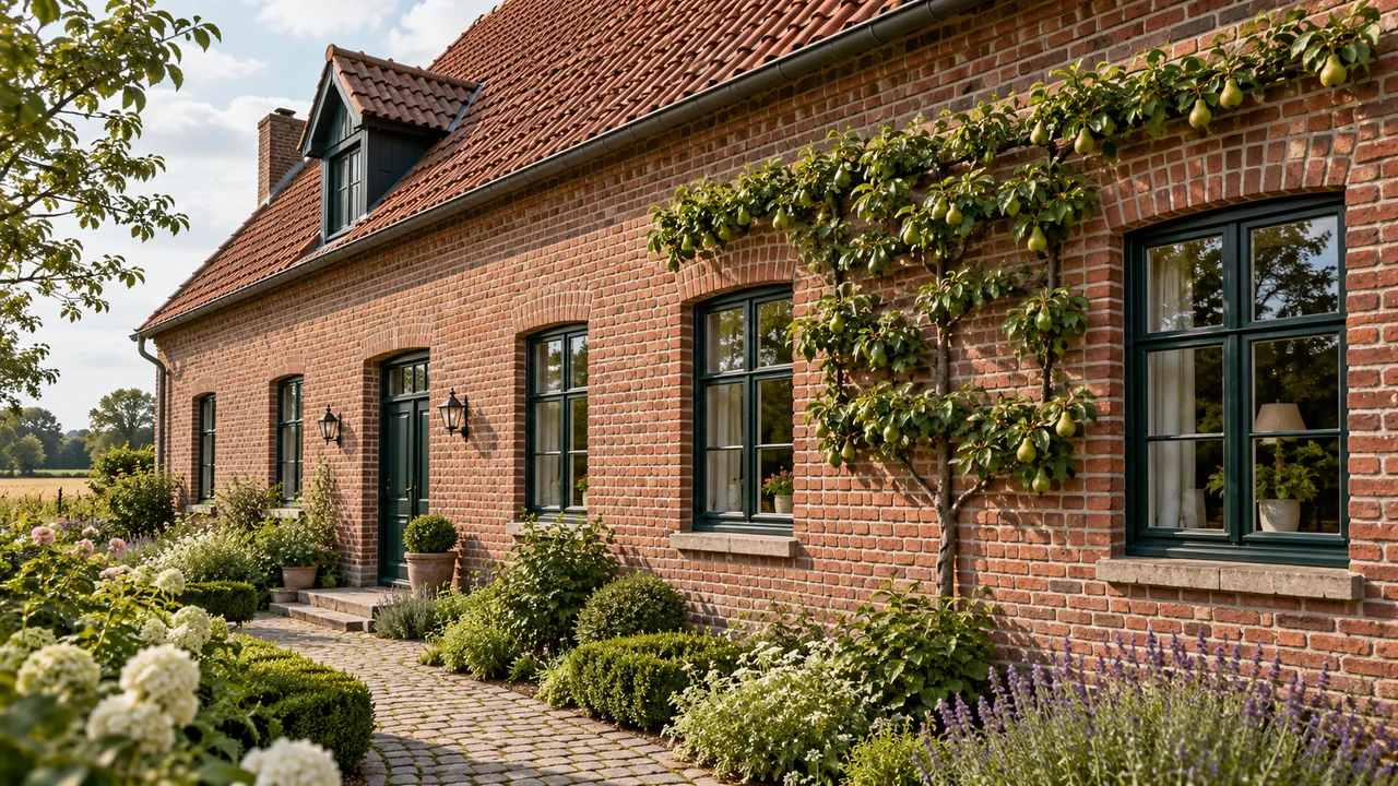 Klinkerfassade eines münsterländischen Landhauses mit rötlichen Steinen, hellen Fugen und dunklen Sprossenfenstern.