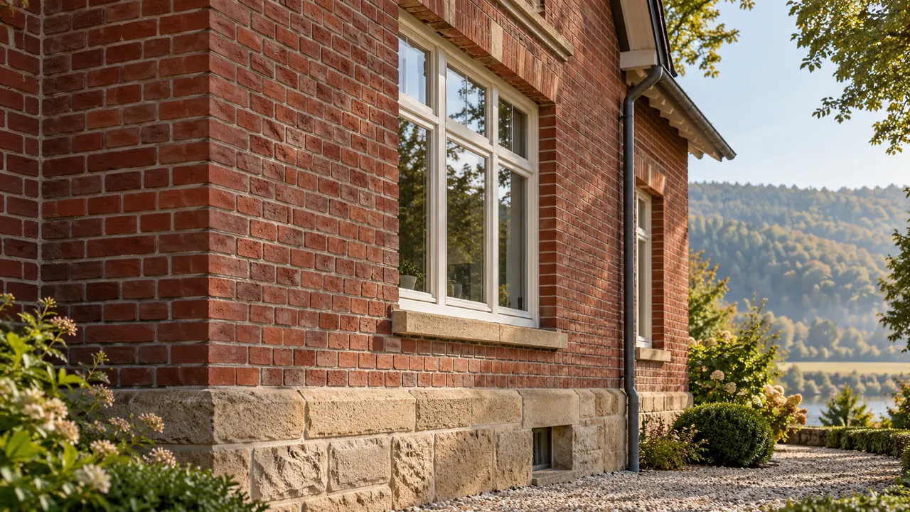 Rote Klinkerfassade eines Wohnhauses mit hellem Sandsteinsockel und gleichmäßigen grauen Fugen.