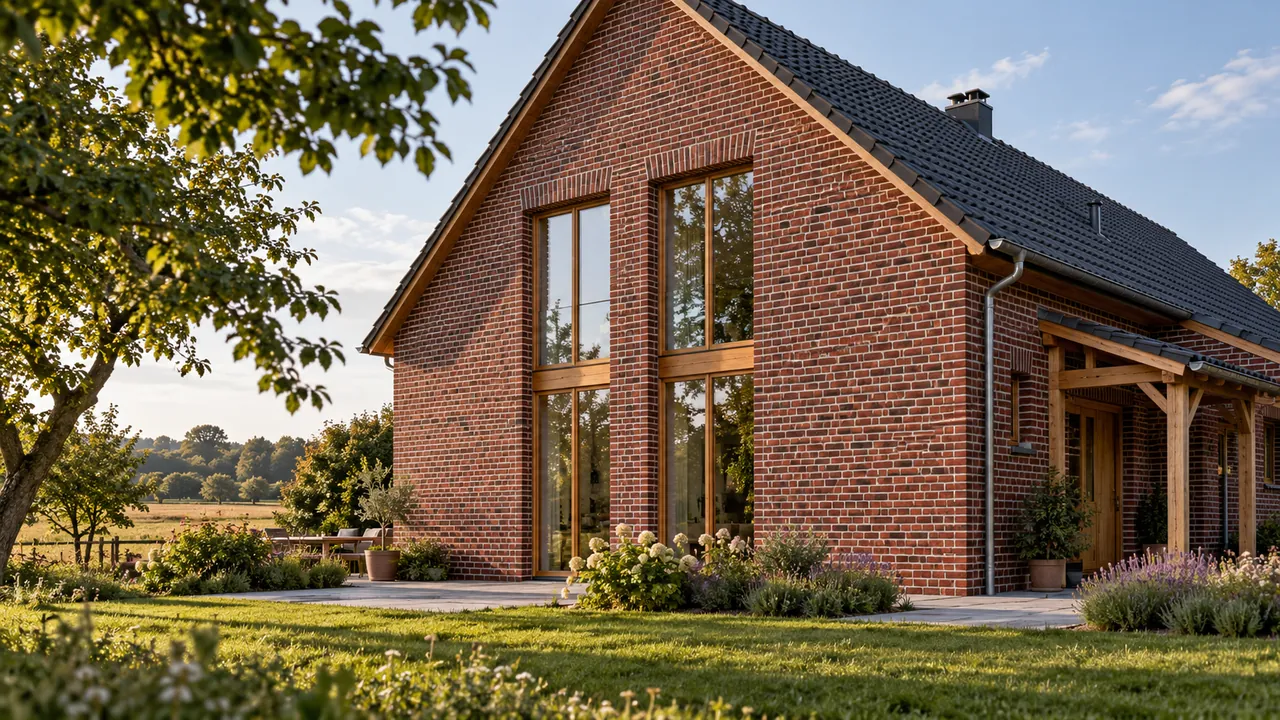 Backsteingiebel eines ländlichen Wohnhauses mit dunkelrotem Klinker, hellen Fugen und Holzdetails.