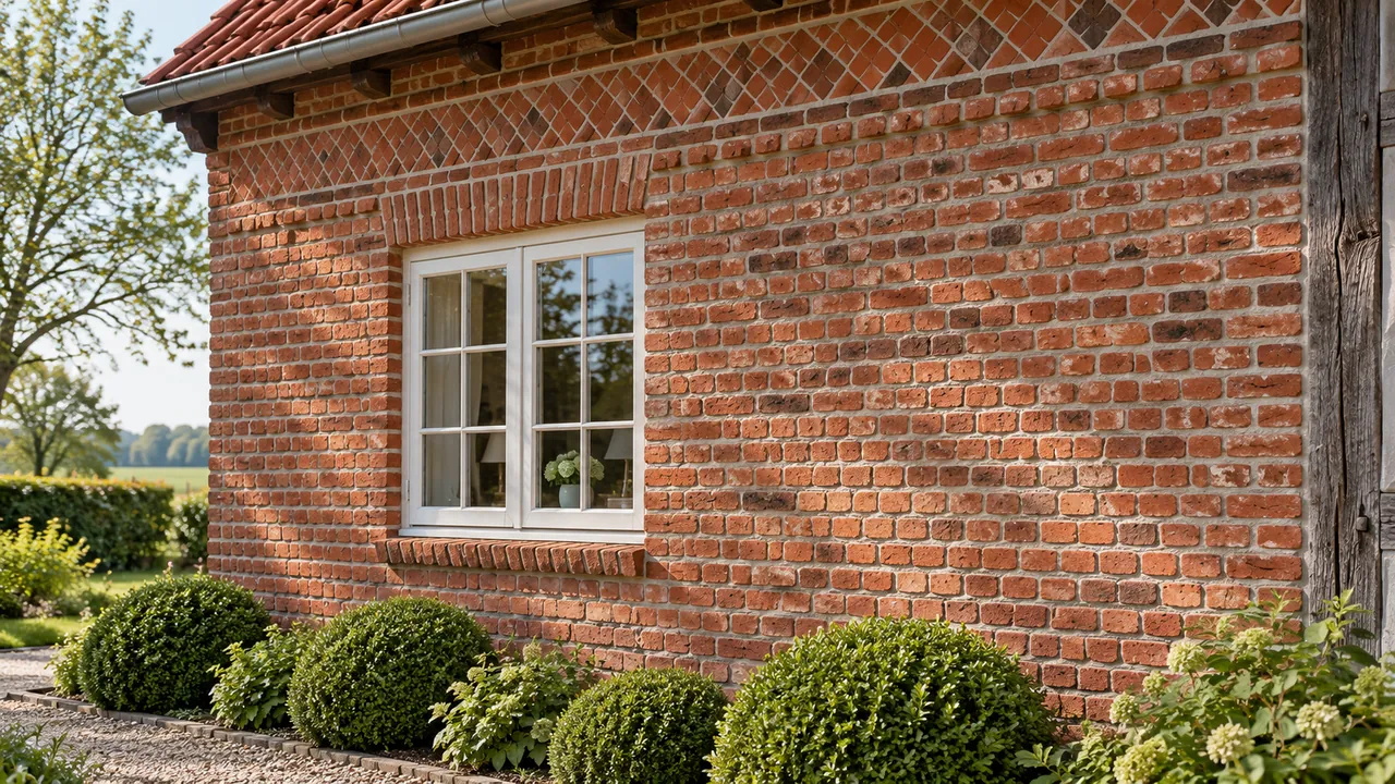 Rote Ziegelfassade eines ländlichen Wohnhauses mit handwerklichen Details und hellen Lagerfugen.