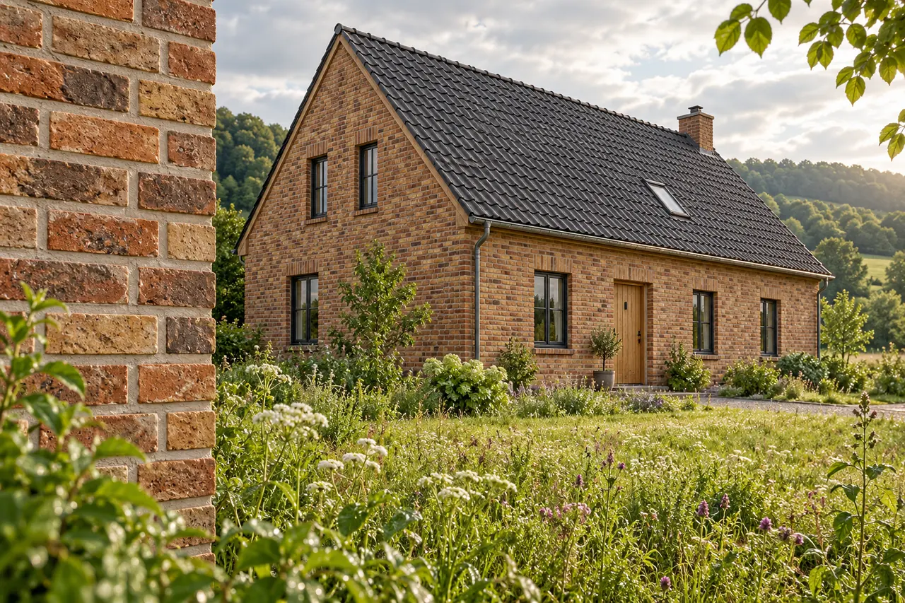 Illustration eines warmen Klinkerhauses am grünen Ortsrand mit dunklem Dach und deutlich sichtbaren Mörtelfugen.