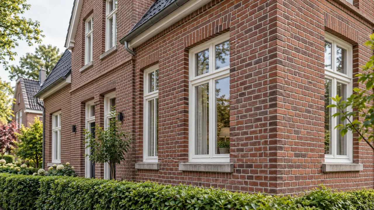 Rote Klinkerfassade eines Wohnhauses mit weißen Fenstern und hellen Mörtelfugen.