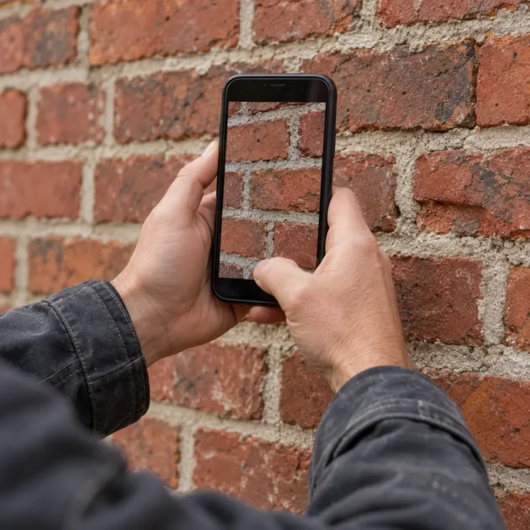 Mit einem Smartphone werden Klinker und Fugen für eine Projektanfrage fotografiert.