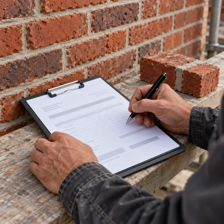Hände mit Stift und Klemmbrett bei der Kalkulation von Arbeiten an einer Klinkerfassade.