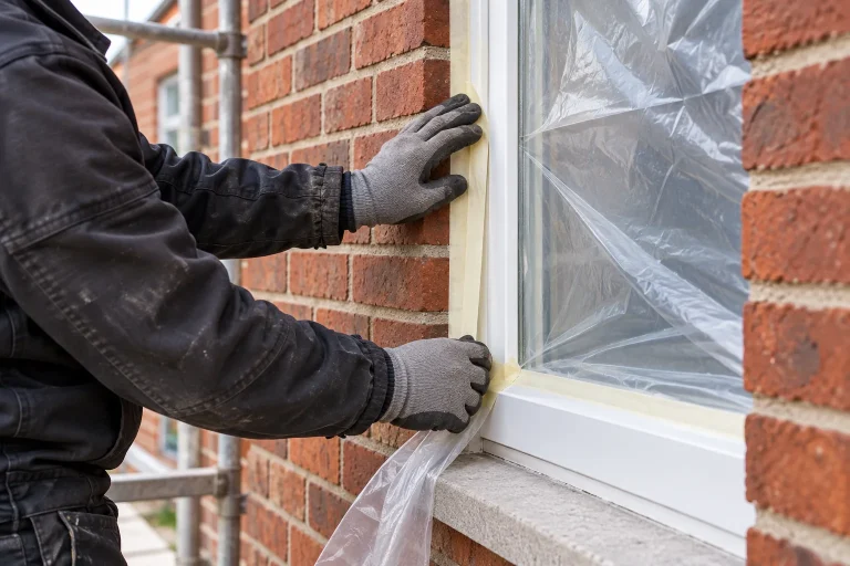 Illustration: Behandschuhte Hände befestigen Schutzfolie und Klebeband an einem weißen Fensterrahmen.