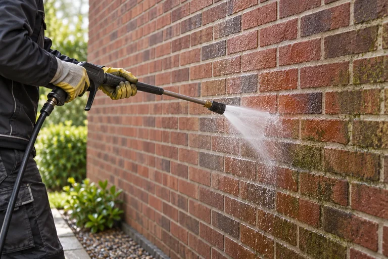 Reinigungslanze sprüht einen breiten Wasserfächer auf eine rote Klinkerwand mit leichtem Grünbelag (Illustration)