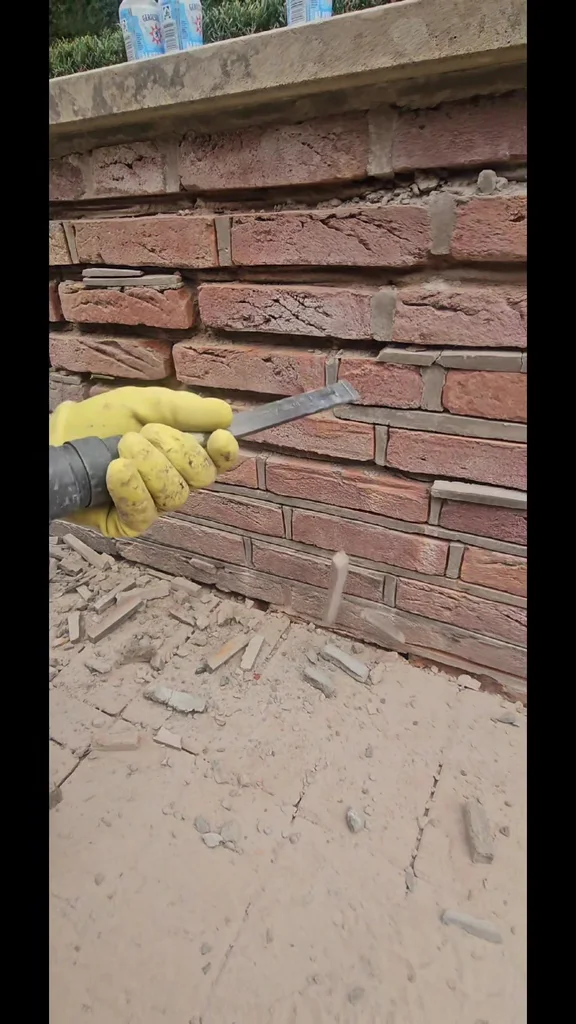 Eine gelb behandschuhte Hand setzt ein schmales Werkzeug an eine waagerechte Fuge der Klinkermauer.
